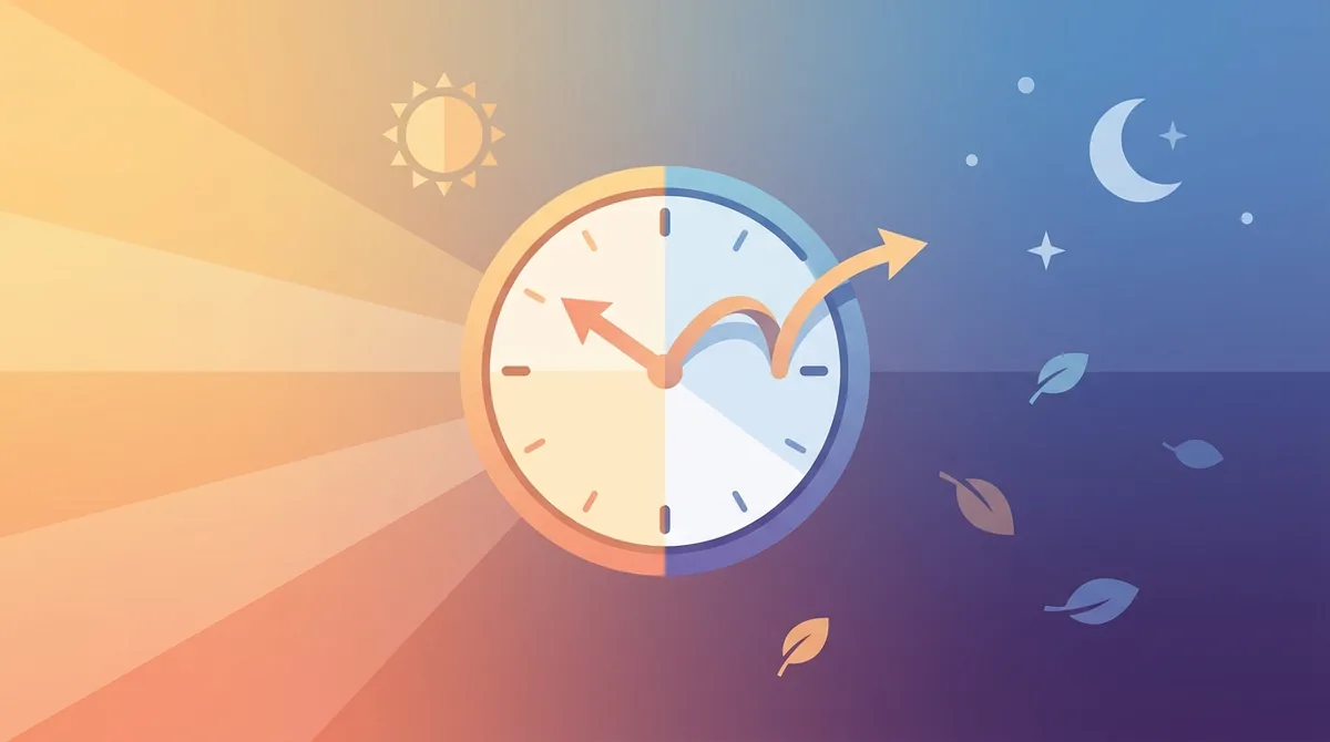春の日の出の空を背景に、アナログ時計の針が1時間進められている様子。夏時間を表現。