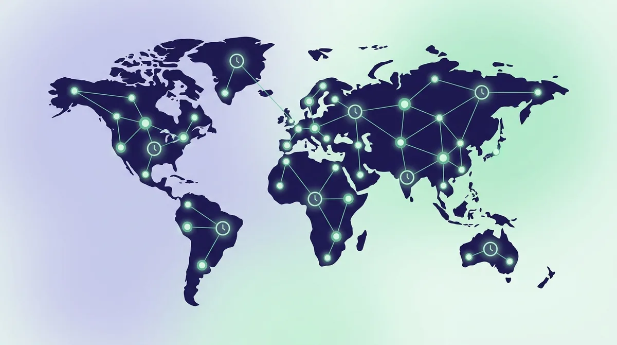 タイムゾーン境界線とAmerica/New_York、Europe/London、Asia/KolkataなどのIANAゾーン識別子が重ねられた世界地図