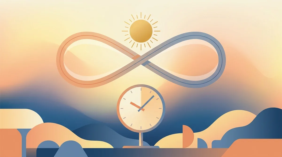 正午に短い影を落とす日時計と、12:00を示す現代の時計が並び、太陽正午と時計の正午の差を示している
