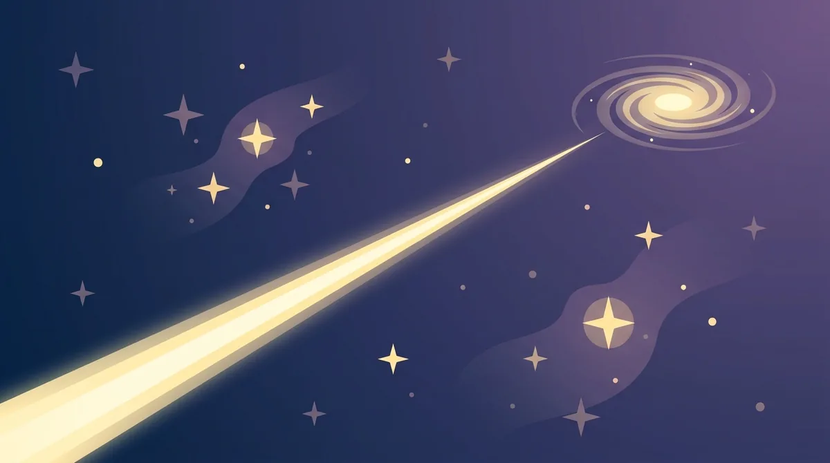 深宇宙から遠くの渦巻銀河に向かって伸びる星の光のビーム。光が1光年で進む広大な距離を表現しています。